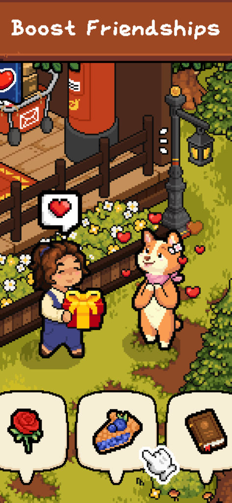 Forest Fables: Cozy pixel sim - A pixel art character giving a gift box to a corgi dog in a cozy forest setting