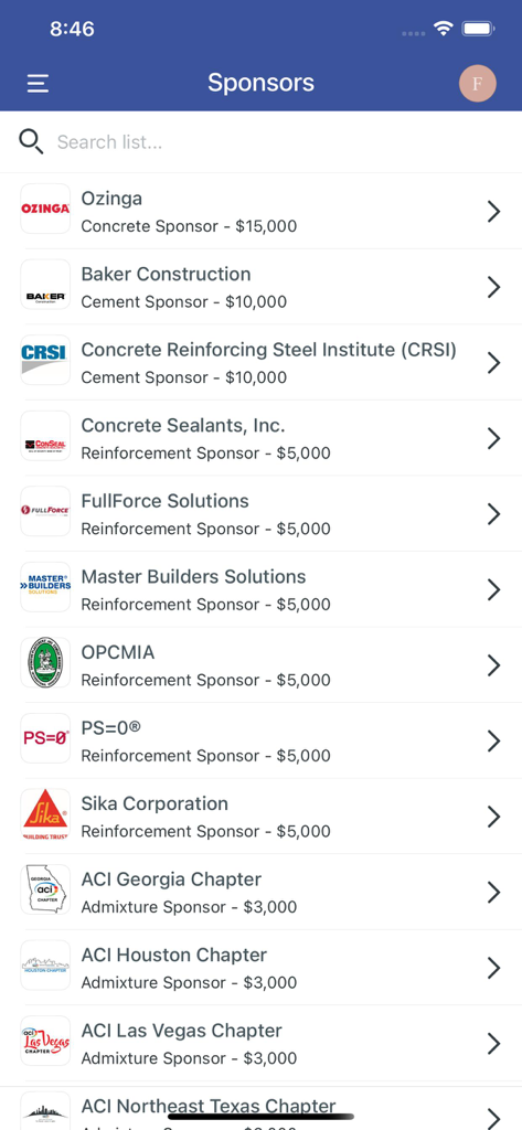 ACI Convention - Sponsors screen in the ACI Convention app displaying company logos and sponsorship levels.