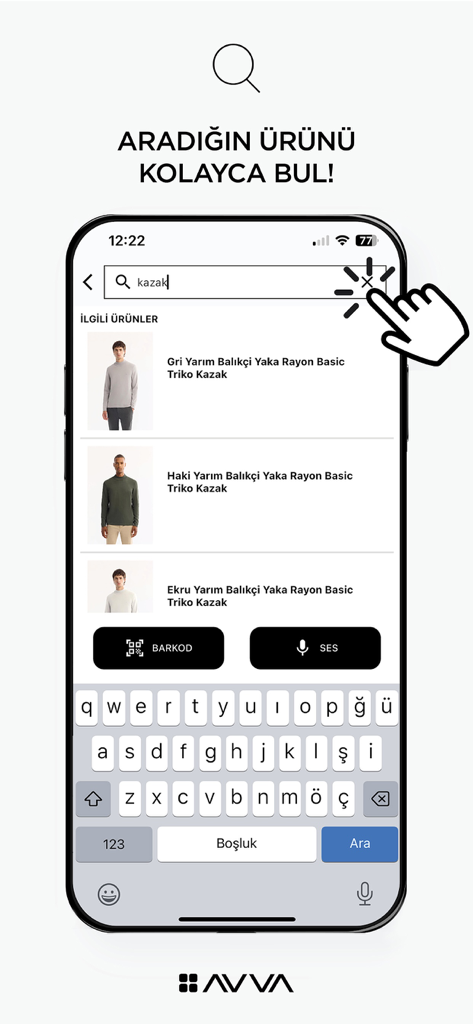 AVVA | Online Alışveriş - Search screen of the AVVA mobile app displaying results for mens sweaters with options for voice and barcode search