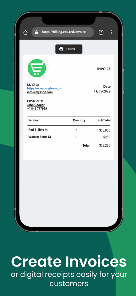 Catálogo Digital, Tienda y TPV - Tela de smartphone exibindo uma fatura digital profissional para um cliente de varejo