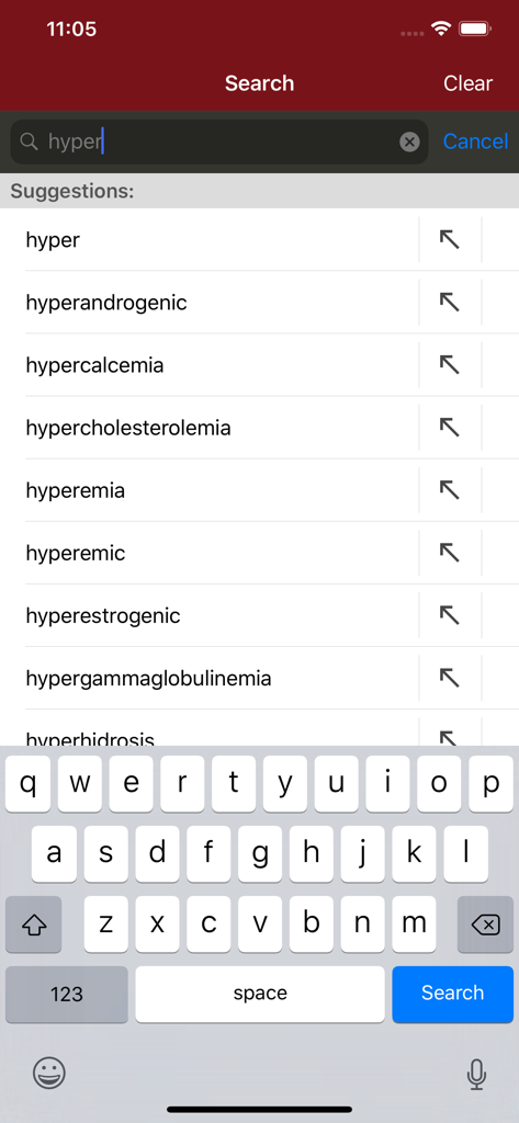Fitzpatrick's Derm Flash Cards - Suchoberfläche der Fitzpatrick Derm Flash Cards App mit Vorschlägen für medizinische Begriffe während der Eingabe