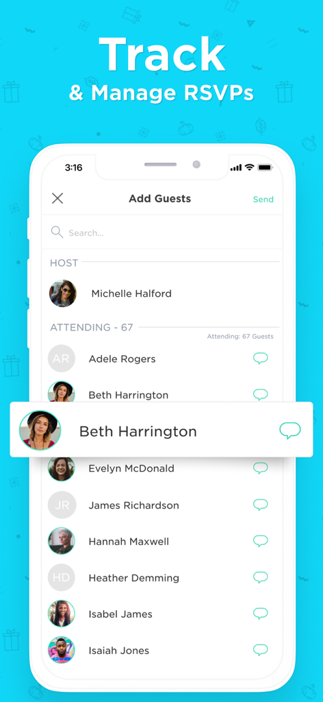 Hobnob Invitation Maker - A smartphone screen displaying the Hobnob app guest list with RSVP status and chat options.