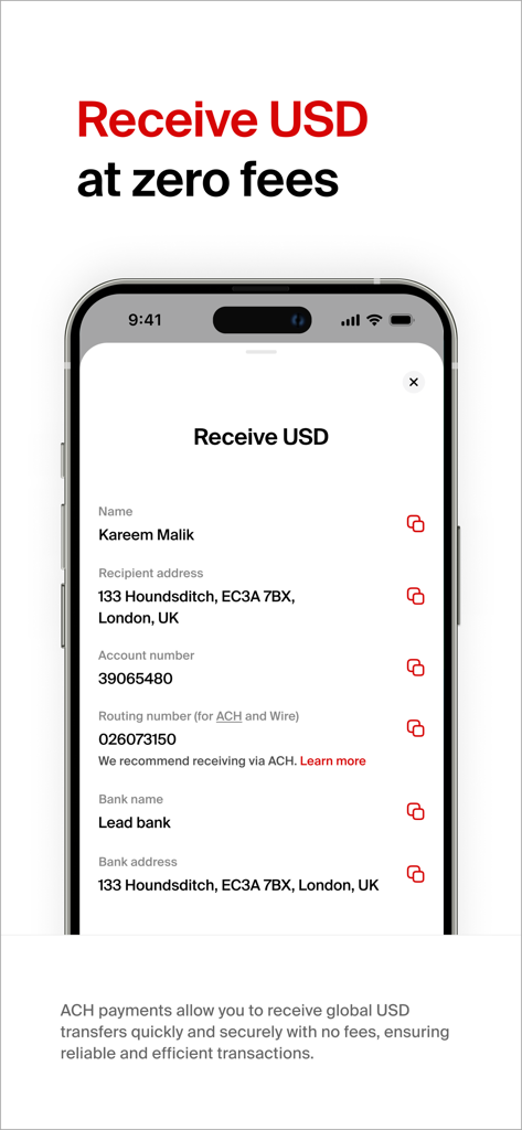 Uma interface de aplicativo móvel exibindo detalhes de conta bancária internacional para receber USD com taxas zero, incluindo números de roteamento e conta