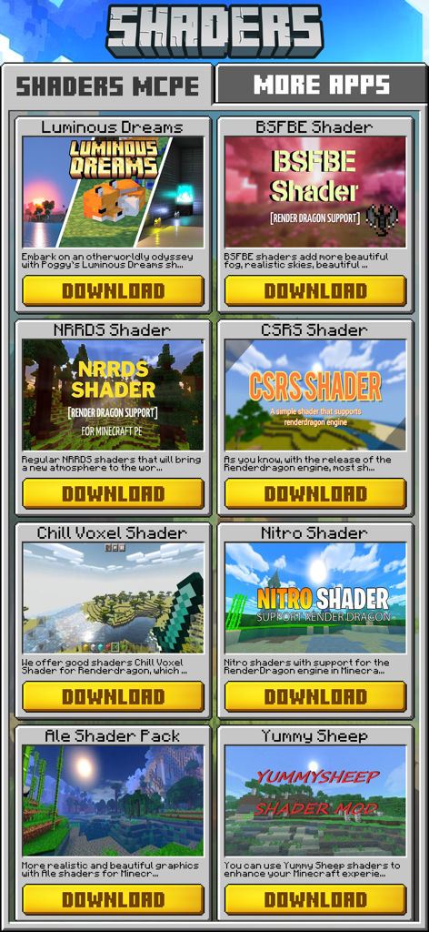 HD Shaders & Textures Mods - Interface showing a list of various HD shader mods for Minecraft Bedrock Edition with download buttons