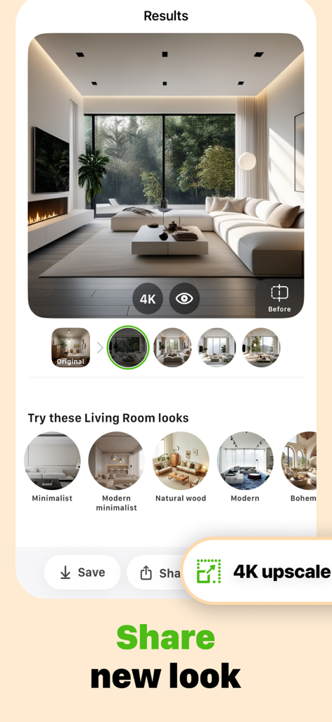 AI Kitchen Design - KitAI - AI生成のモダンなリビングルームデザイン。KitAIアプリでのさまざまなスタイルオプションと共有機能を示す