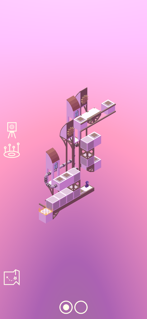 Chronescher - Ein isometrisches Rätsellevel in Chronescher mit komplexen architektonischen Strukturen und einem pinken Farbverlaufshintergrund.
