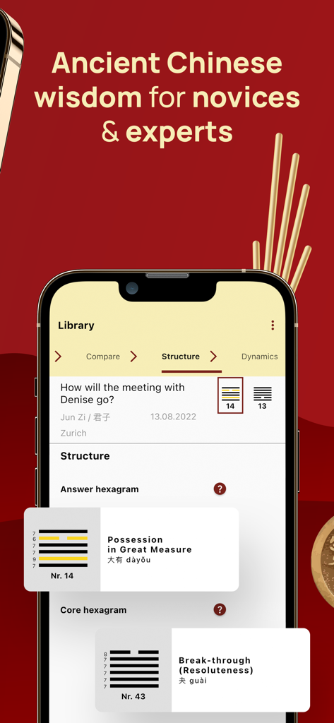 I Ching - Yi Jing Library - I Ching app interface showing hexagram analysis and structural interpretation on a smartphone screen