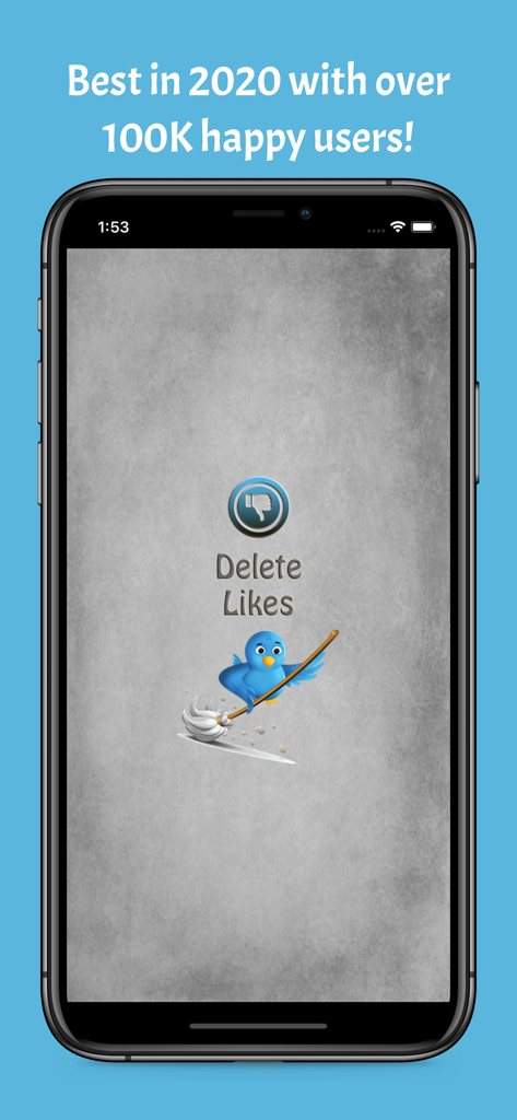 Delete Likes for Twitter - Delete Likes for Twitter app splash screen featuring a blue bird mascot cleaning with a mop and a thumbs down icon