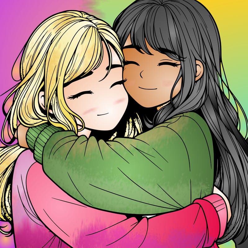 realistic two girls hugging