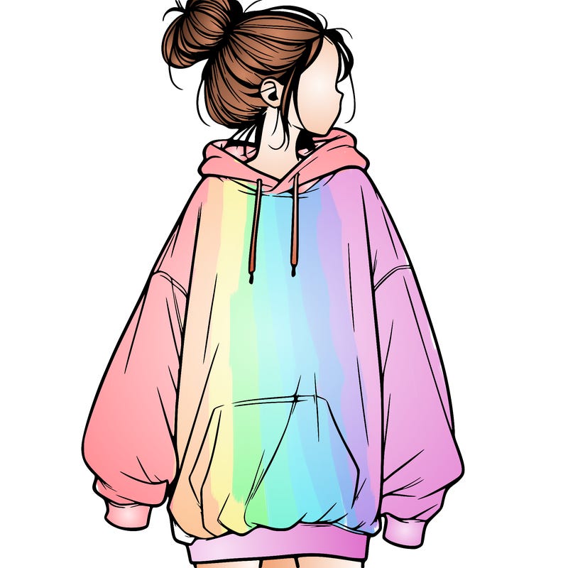 realistic girl with a oversized sweatshirt on and a bun