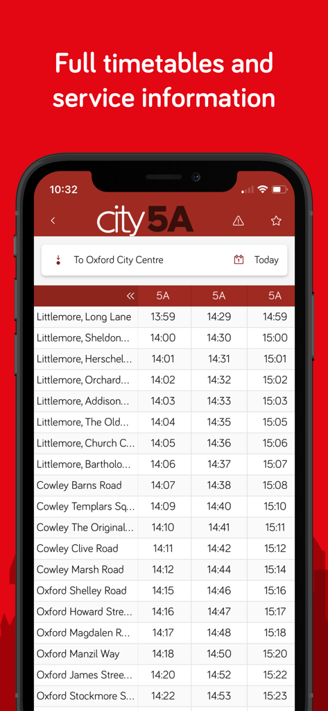 Oxford Bus and Thames Travel - Oxford Bus app displaying full timetables and service information for the city5A route