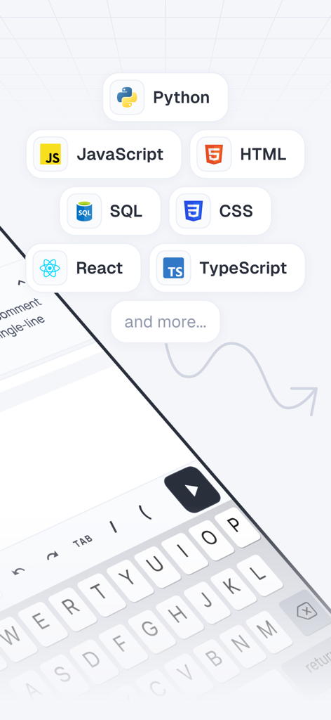 Kodree (Formerly Knowely) - Interfaz de la aplicación móvil Kodree que muestra varios lenguajes de programación, incluyendo Python y JavaScript