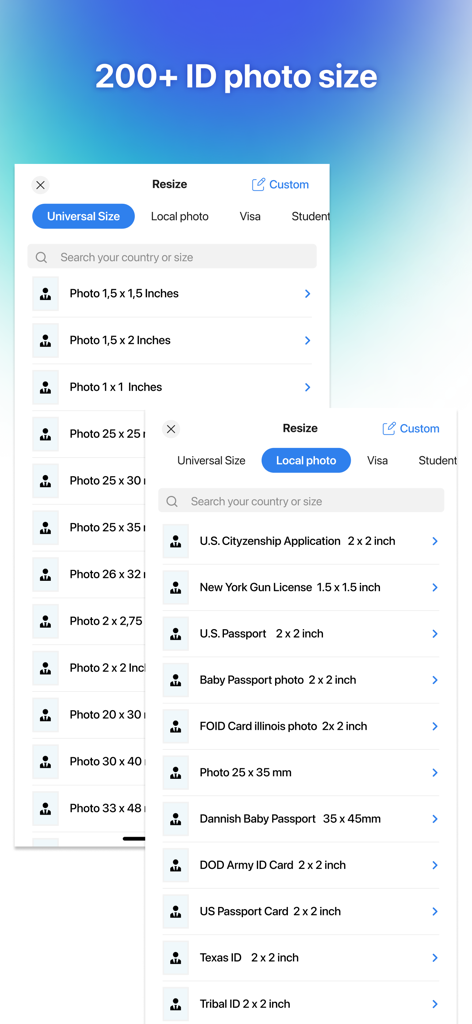 Passport Photo Maker・ID Photo - Interface showing various ID and passport photo size options for different official documents