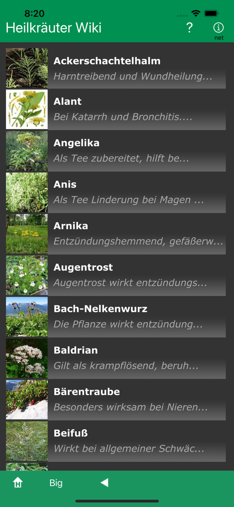 Uma lista de ervas medicinais com fotos e breves descrições de benefícios à saúde no aplicativo Heilkraeuter Wiki.