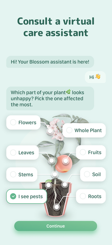 Mobile app interface of Blossom virtual care assistant helping to diagnose plant health issues like pests and disease