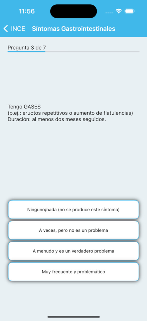 INCE - Captura de pantalla del cuestionario de síntomas gastrointestinales de la aplicación INCE que pregunta sobre la frecuencia y gravedad de los gases.