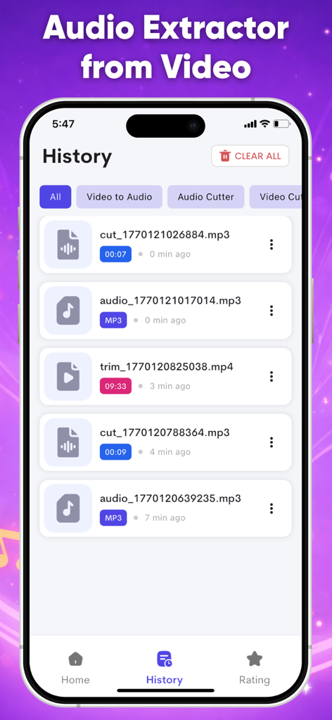 Video to MP3 Converter 2026 - Écran d'historique de l'application Convertisseur Vidéo en MP3 montrant une liste de fichiers audio convertis et découpés.