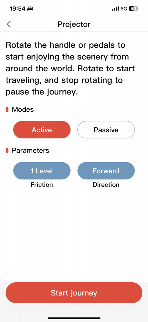UniGym app settings screen for Travel Projector mode featuring active and passive workout options