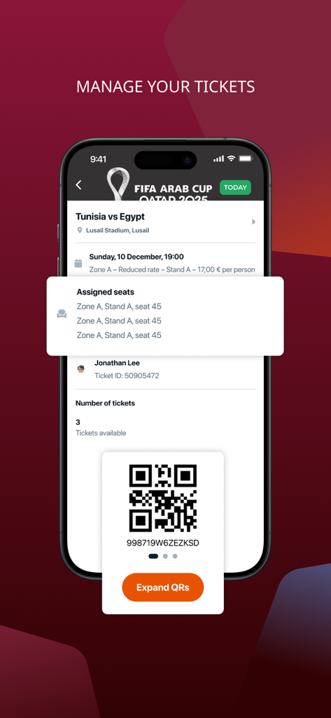 Road To Qatar Tickets - Digital football ticket interface showing match details and a QR code for entry