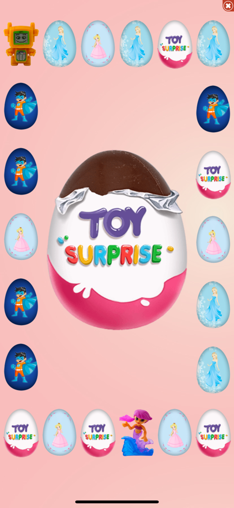 A digital chocolate surprise egg being unwrapped in the Surprise Eggs mobile game.
