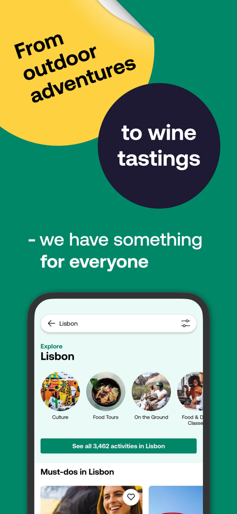 Viator Tours & Attractions - Viator app screen exploring a variety of travel activities in Lisbon including food tours and outdoor adventures