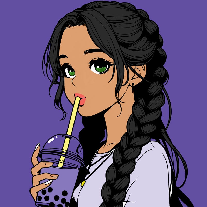 realistic girl with braided hair drinking boba