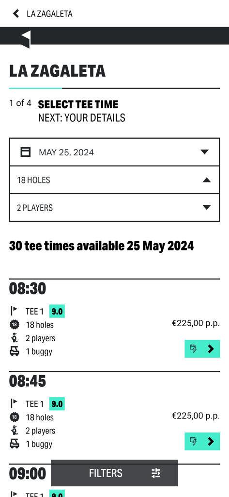 Mobile Oberfläche der Leading Courses App, die verfügbare Abschlagzeiten und Preise für einen Golfplatz anzeigt