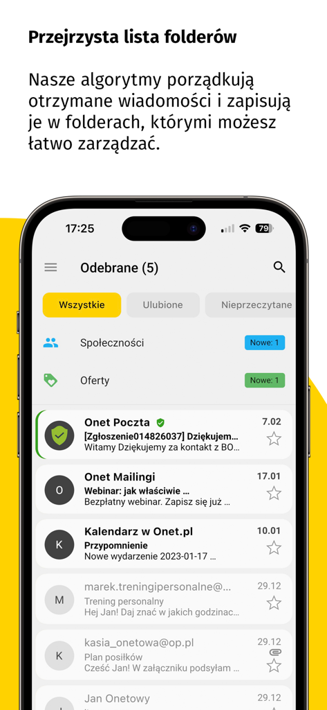 Onet Poczta - A screenshot of the Onet Poczta app showing a clean inbox list with categorized message folders.
