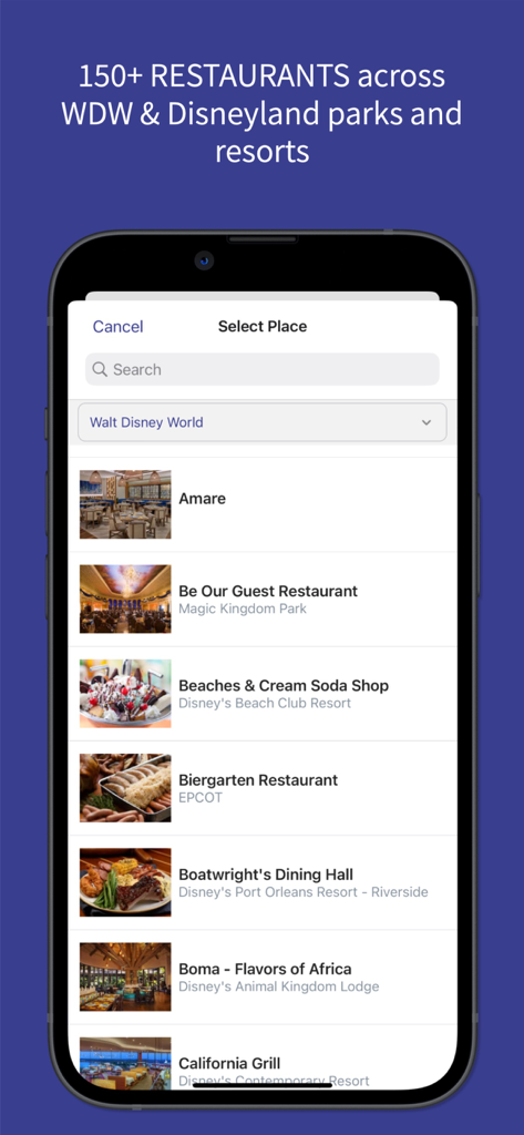 Mobile app screen showing a list of over 150 Disney World and Disneyland restaurants for dining alerts