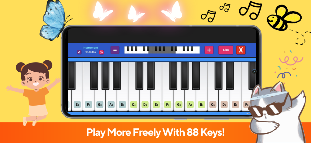 A virtual Pianica keyboard with 88 keys and note labels on a smartphone screen