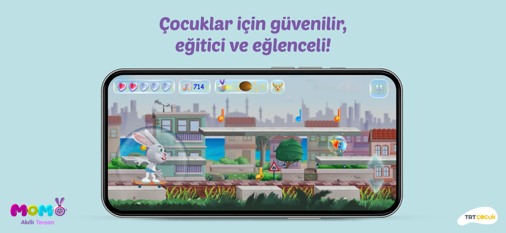 TRT Çocuk Akıllı Tavşan - Momo the rabbit character on a skateboard collecting musical notes in a side-scrolling educational game.
