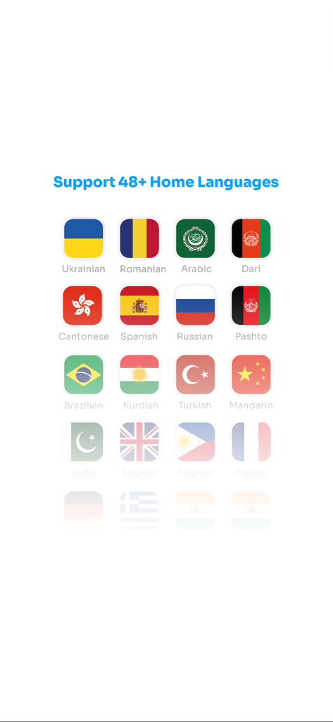 A grid of country flags representing over 48 supported home languages in the FlashAcademy app