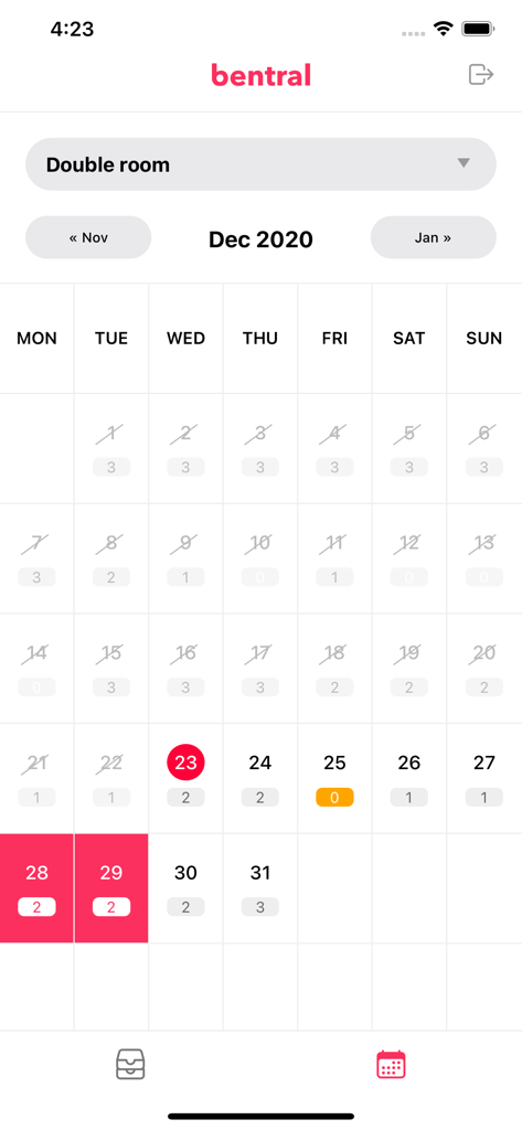 Bentral - Bentral reservation software calendar showing availability for a double room