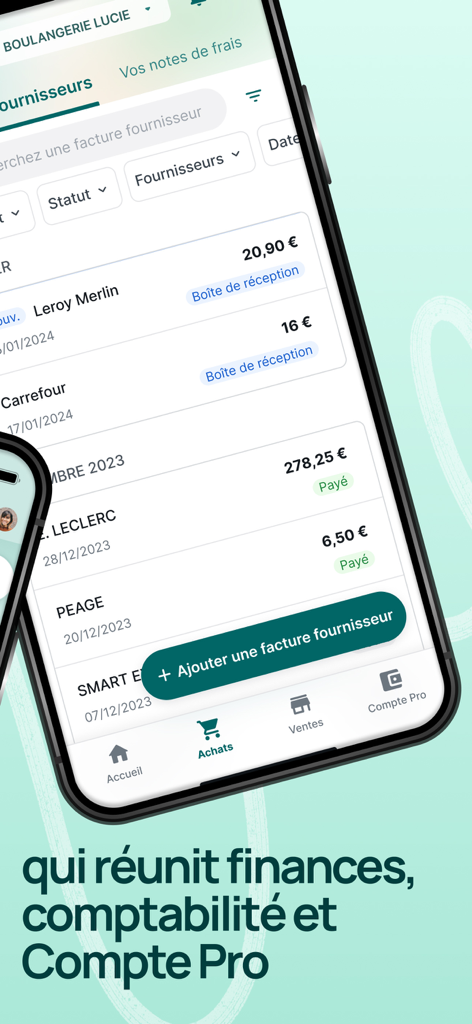 Pennylane mobile interface showing a list of supplier invoices and a button to add new receipts