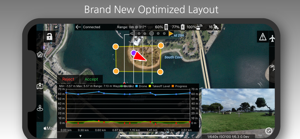 Map Pilot Pro-Oberfläche, die die Drohnenmissionsplanung mit Satellitenkarte und Höhenprofil zeigt