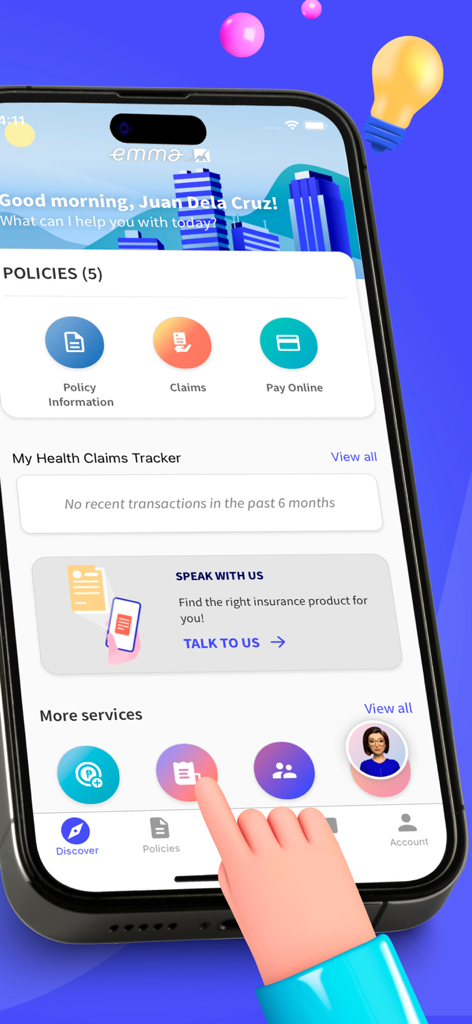 Emma by AXA PH - Dashboard of the Emma by AXA PH mobile app showing insurance policies and health claims tracking options