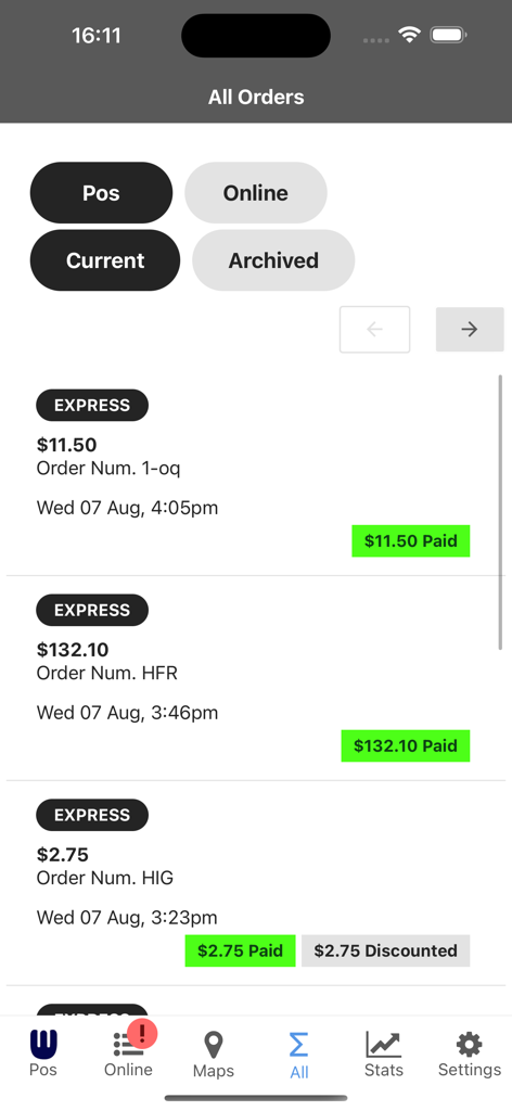 Whoods - Whoods app interface showing a list of paid restaurant orders with payment status and order details