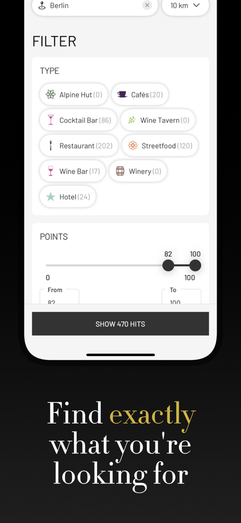 Falstaff Guide - Search filter screen in the Falstaff Guide app showing categories for fine dining and luxury stays