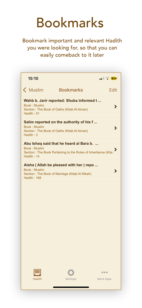 Al Muslim (Sahih Muslim) - Tela de marcações no aplicativo Al Muslim mostrando uma lista de Hadiths salvos.