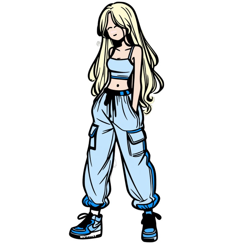 girl in baggy pants crop top and long hair