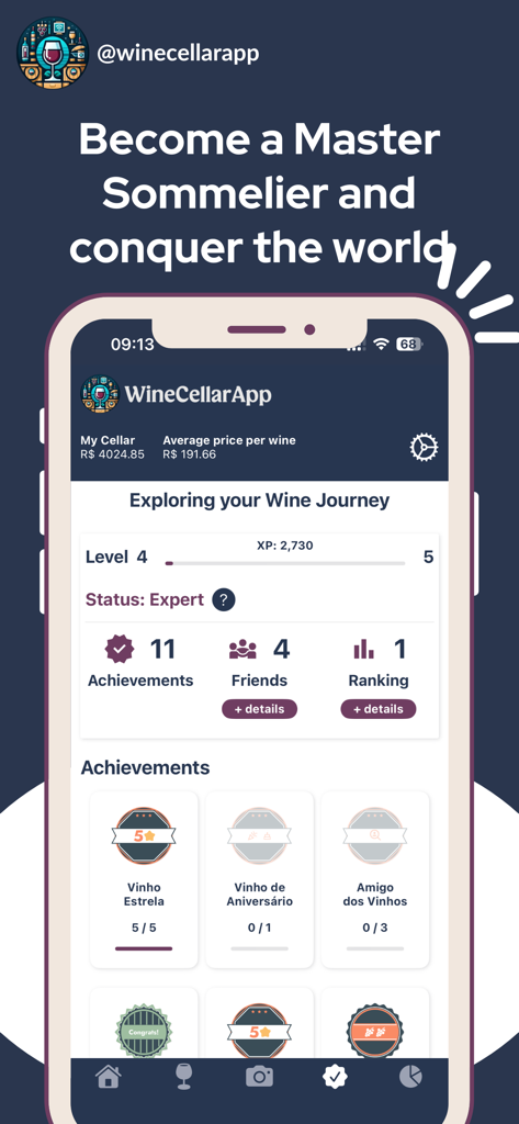 Wine Cellar App interface displaying expert status achievements and wine journey progress