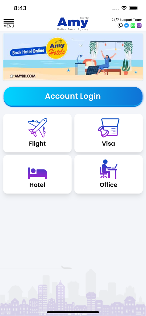 Écran d'accueil de l'application de voyage Amy BD présentant les options de réservation de vols, d'hôtels, de visas et de services de bureau.