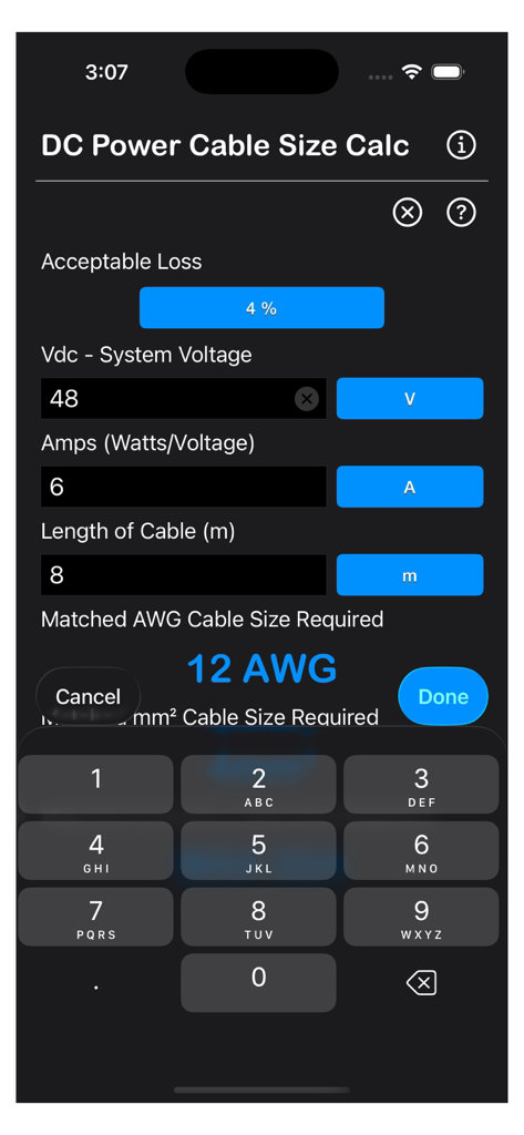 Interface of the DC Power Cable Size Calc app displaying input fields for voltage and current and the resulting cable size