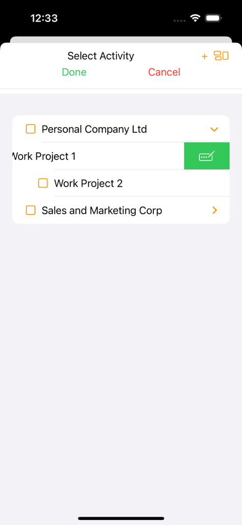 Time Logger - Interface for selecting a work activity or project from a nested list in the Time Logger mobile app
