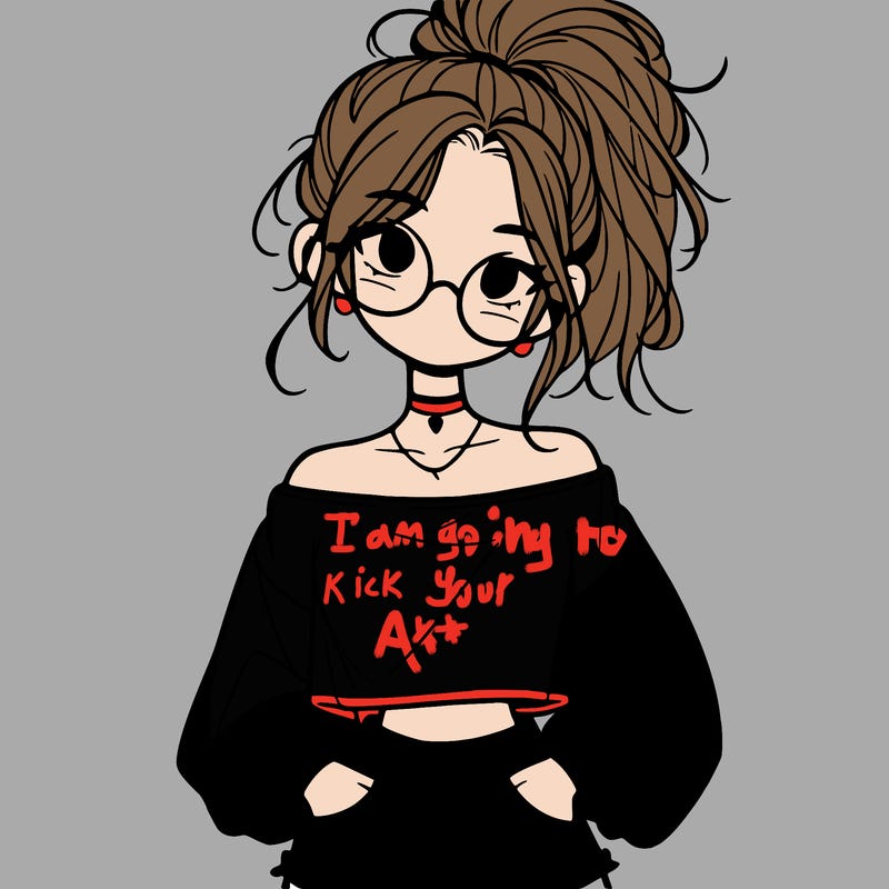 girl with a messy ponytail glasses a baggy crop top and jean shorts