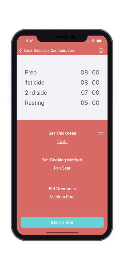 Pantalla de configuración de la aplicación Steak Timer mostrando ajustes de cocción para un filete sellado a medio poco a la sartén