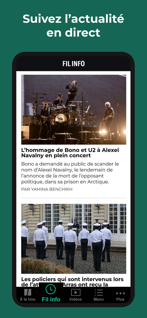 Le HuffPost - Application mobile Le HuffPost montrant les événements d'actualité actuels en français