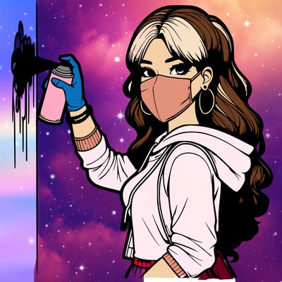 realistic girl with mask spray painting a wall