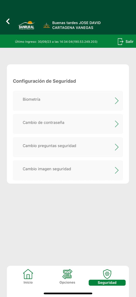 Banrural Móvil Honduras - Security settings menu in the Banrural Movil Honduras app featuring options for biometrics and password management.