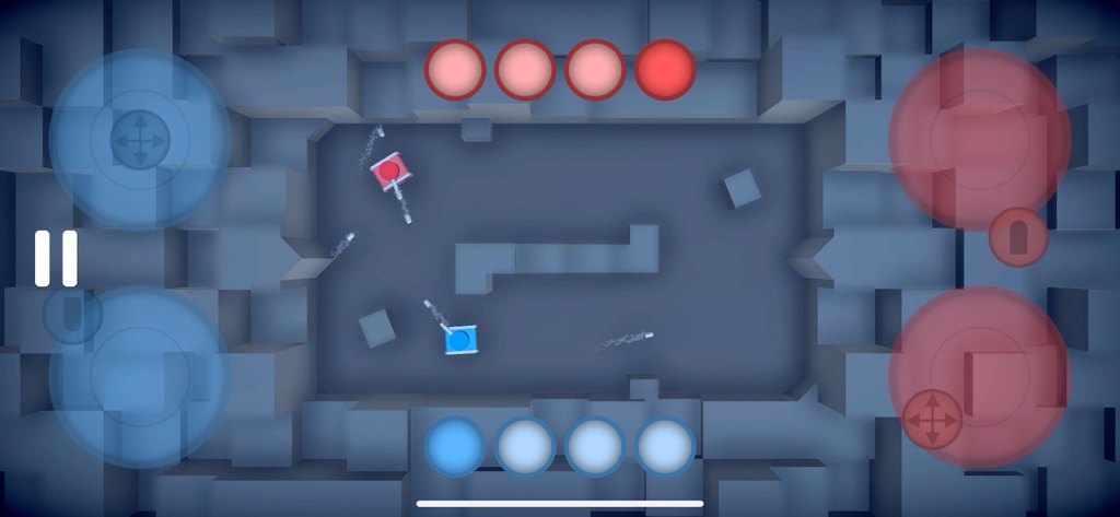 Top down view of a same screen multiplayer tank battle in Tiny Tanks arcade game